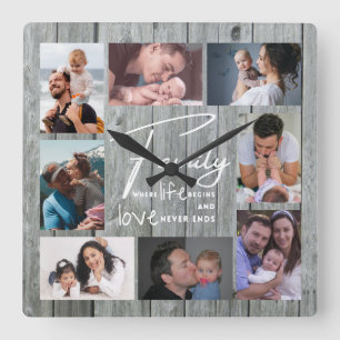8 Foto Collage Family Love Quote Gray Wood Vierkante Klok
