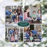8 Foto Collage Family Name & Year Green & White Metalen Ornament<br><div class="desc">Viel de eenvoudige vreugde van de feestdagen met een douane 8 groen van de fotocollage en wit vierkant metaal ornament. De tekst op deze sjabloon is eenvoudig te personaliseren en de afbeeldingen kunnen verschillend of het zelfde op voor en rug zijn (de TIP van de PLAATS van het AFBEELDING: Een...</div>