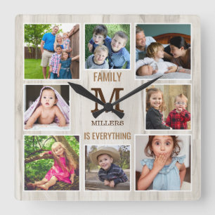 8 Foto Collage Family Quote Natural Wood Monogram Vierkante Klok