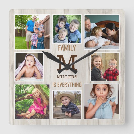 8 Foto Collage Family Quote Natural Wood Monogram Vierkante Klok (Voorkant)