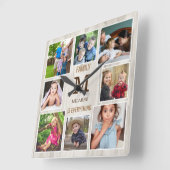 8 Foto Collage Family Quote Natural Wood Monogram Vierkante Klok (Hoek)
