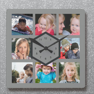 8 Foto collage Gray Square Wall klok