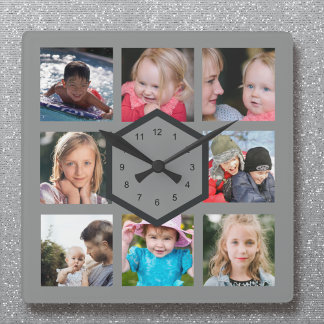 8 Foto collage Gray Square Wall klok