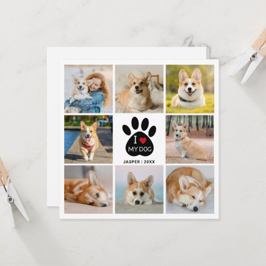 8 Foto Collage Heart I Love My Dog Paw Print Kaart (Voorkant / Achterkant in situ)