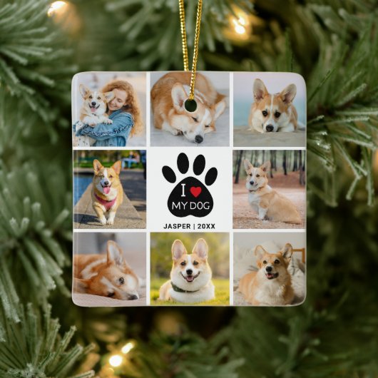 8 Foto collage I Love My Dog Heart Paw Print Keramisch Ornament (Boom)