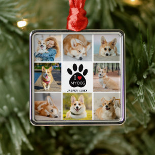 8 Foto collage I Love My Dog Heart Paw Print Metalen Ornament