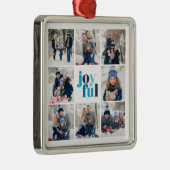 8-foto Collage "Joyful" Winter Blauw Typografie Metalen Ornament (Rechts)