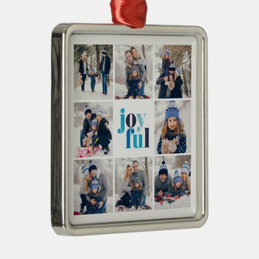8-foto Collage "Joyful" Winter Blauw Typografie Metalen Ornament (Rechts)