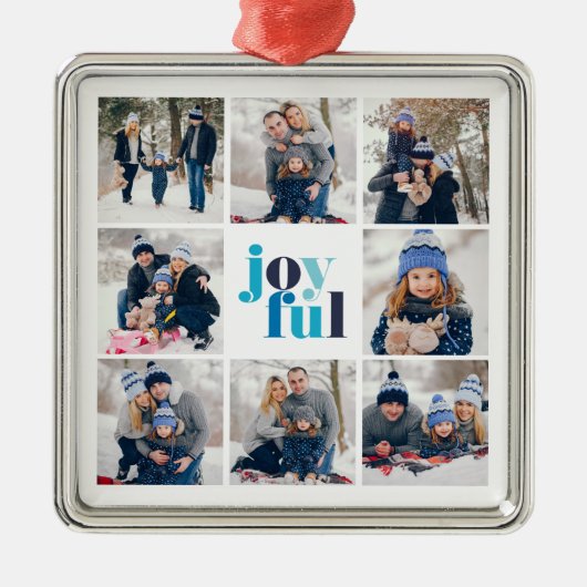8-foto Collage "Joyful" Winter Blauw Typografie Metalen Ornament (Voorkant)