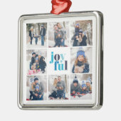 8-foto Collage "Joyful" Winter Blauw Typografie Metalen Ornament (Links)