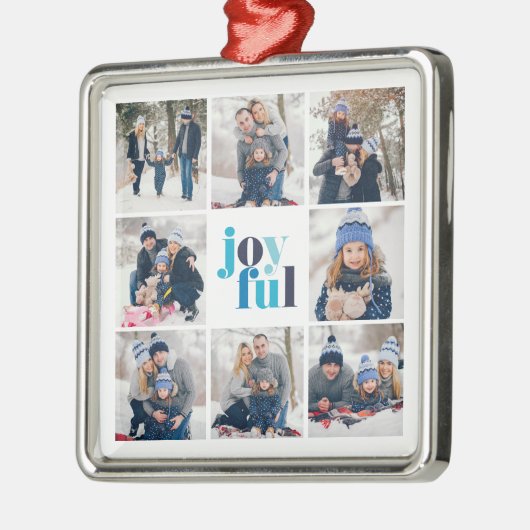 8-foto Collage "Joyful" Winter Blauw Typografie Metalen Ornament (Links)