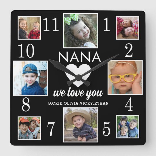8 Foto Collage Love You Nana Grandchildren Black Vierkante Klok (Voorkant)
