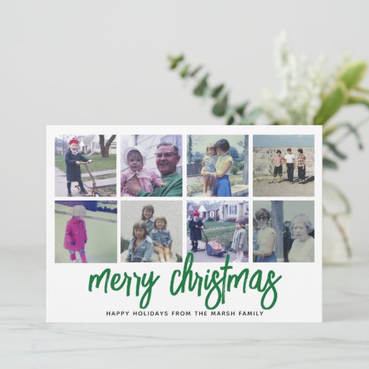 8 Foto-collage - Merry-kerstgroen patroon Feestdagenkaart (Staand voorkant)