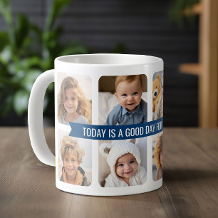 8 Foto-collage met aangepaste tekst Navy Blue Ribb Koffiemok