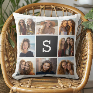 8 Foto collage met zwart-wit monogram Kussen