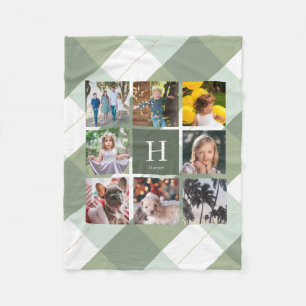 8 Foto Collage Monogram Sage Green Gingham Pset Fleece Deken