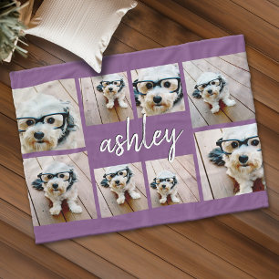 8 Foto Collage Voeg Je Naam Toe Calligrafie Paars Fleece Deken