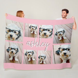 8 Foto Collage Voeg Je Naam Toe Calligrafie Roze Fleece Deken