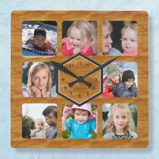 8 Foto Collage Wood Kleur Vierkante Klok