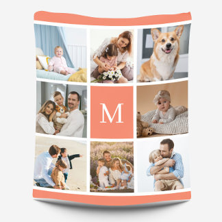 8 Foto Familie Collage Monogram Koraal Peach Custo Fleece Deken