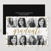 8 Foto Gold Glitter Look Afstuderen Uitnodiging (Voorkant / Achterkant)