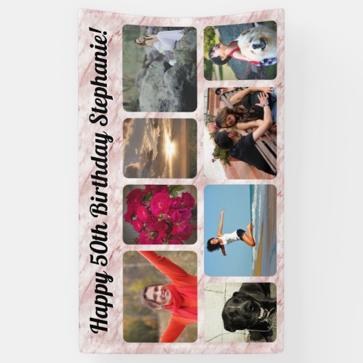 8 Foto Modern Roze Marmer Collage Verjaardagsfeest Spandoek (Verticaal)