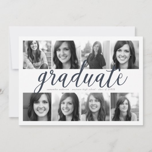 8 Foto Modern Script Afstuderen Invitation Kaart (Voorkant)