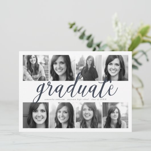 8 Foto Modern Script Afstuderen Invitation Kaart (Staand voorkant)