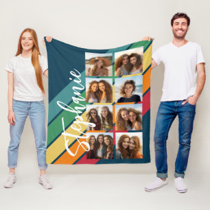 8 Foto Retro streeppatroon regenboog monogram Fleece Deken
