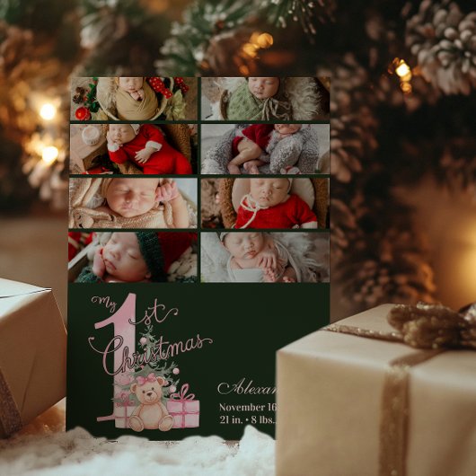 8 foto Roze groene Baby eerste kerst Feestdagenkaart
