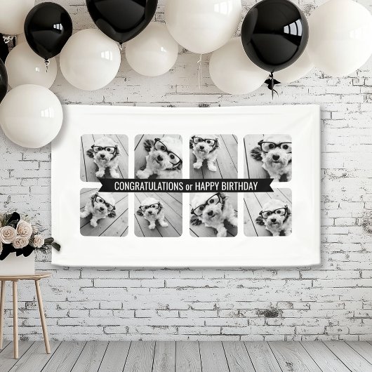 8 Fotocollage - Aangepast tekstlint - Zwart wit Spandoek
