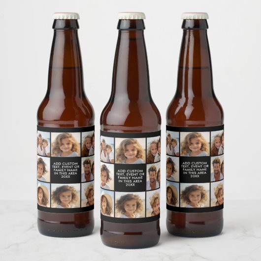 8 Fotocollage - Aangepaste tekst - Zwarte achtergr Bier Etiket (Flessen)