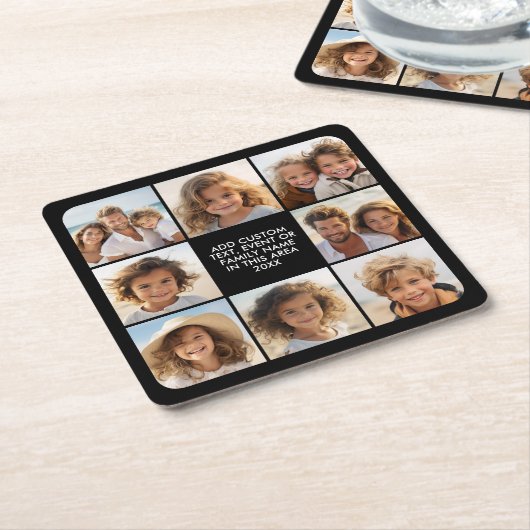 8 Fotocollage - Aangepaste tekst - Zwarte achtergr Kartonnen Onderzetters (Schuin)