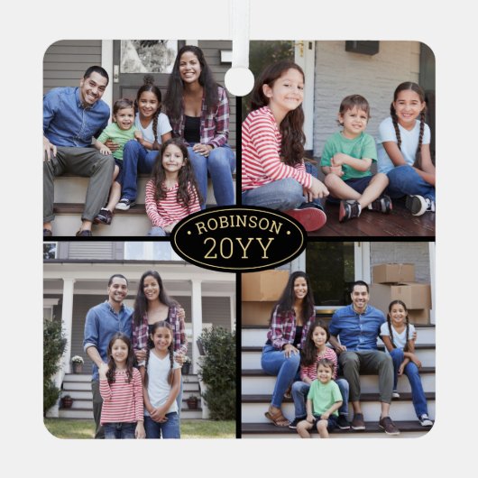 8 Fotocollage Familienaam Elegant Zwart en Goud Metalen Ornament (Achterkant)