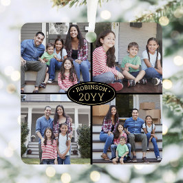8 Fotocollage Familienaam Elegant Zwart en Goud Metalen Ornament