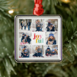 8-Fotocollage "Joyful" Multicolor Typografie Metalen Ornament<br><div class="desc">8-foto Collage "Joyful" Winter Blauwe Typografie Kerstontwerp.</div>