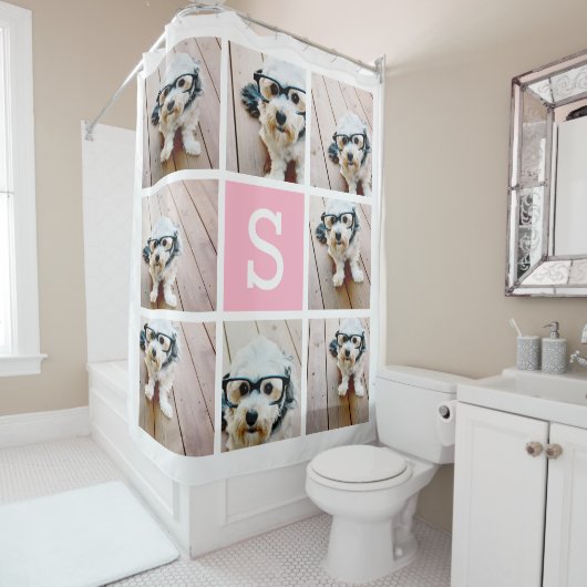 8 Fotocollage met één roze monogram Douchegordijn (In situ)