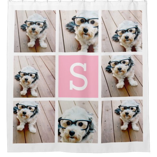 8 Fotocollage met één roze monogram Douchegordijn (Voorkant)