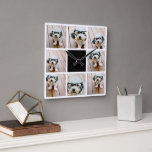 8 Fotocollage - met zwarte accentkleur Vierkante Klok<br><div class="desc">Zwart-wit - Een populair rastercollage met foto's. Gebruik 8 vierkante foto's om een uniek en persoonlijk cadeau te creëer. Voor beste resultaten, bewaar uw foto's in vierkanten alvorens te uploaden. Als u de afbeeldingen moet aanpassen, klik op het aanpassingshulpmiddel om veranderingen aan te brengen. Voor beste resultaten, bewaar uw foto's...</div>