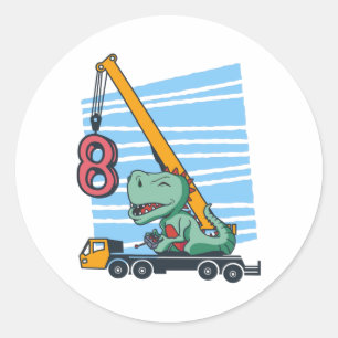 8 jaar 8ste verjaardag mobiele kraan dinosaur ronde sticker