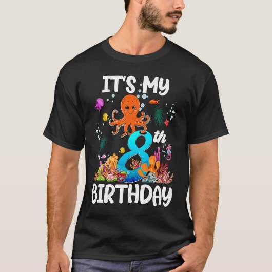 8 jaar oud zeewier Dolphin Octopus 8th B T-shirt (Voorkant)