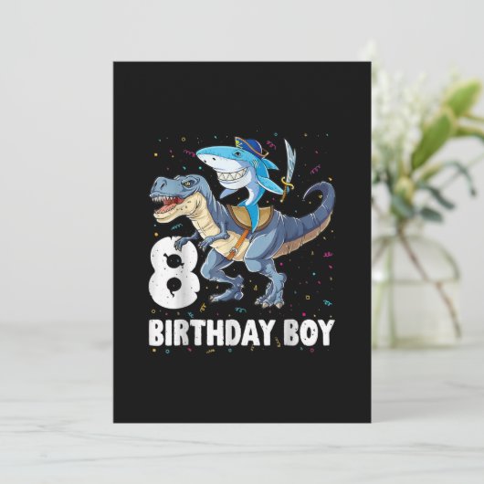 8-jarige jongen, 8-jarig jongetje Shark Dinosaur P Feestdagenkaart (Staand voorkant)