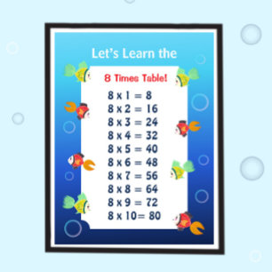 8 Keer Tafel Poster voor Kinderen Oceaan Wiskund