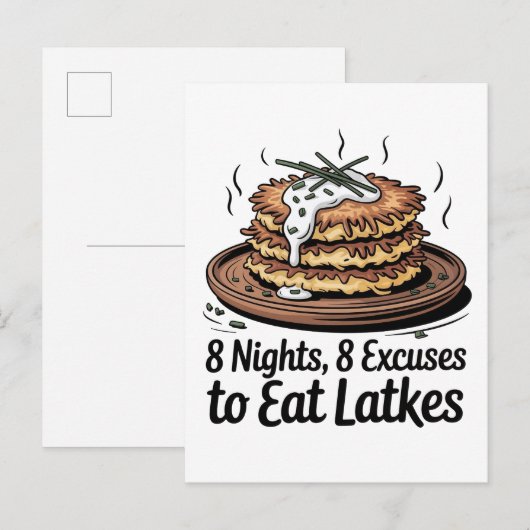 8 Latkes 8 Excuses om Latkes Joodse Chanoeka te et Aankondigingskaart (Voorkant / Achterkant)