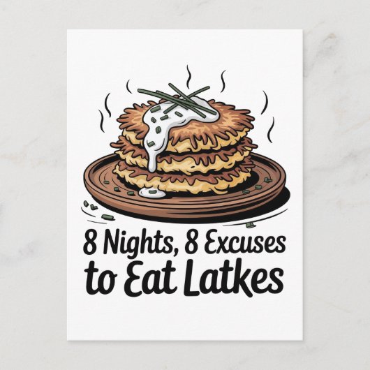 8 Latkes 8 Excuses om Latkes Joodse Chanoeka te et Aankondigingskaart (Voorkant)