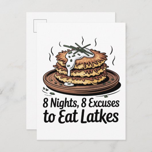 8 Latkes 8 Excuses om Latkes Joodse Chanoeka te et Uitnodiging Briefkaart (Voorkant / Achterkant)