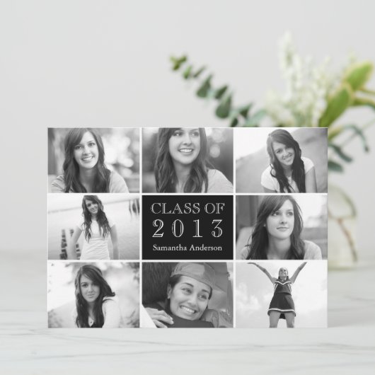8 Photo Collage Afstuderen Invitation Black Kaart (Staand voorkant)