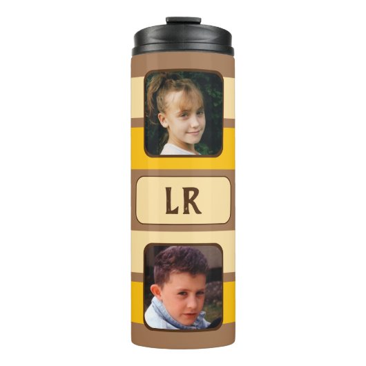 8 photo collage initials orange brown thermosbeker (Voorkant)