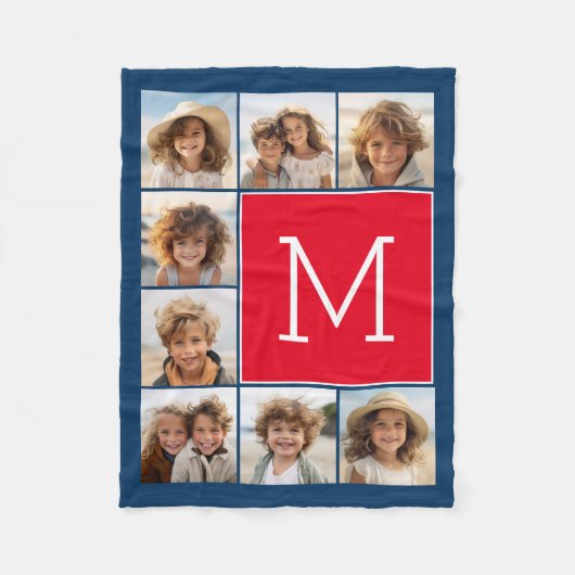 8 Photo Collage Monogram - Blauw en rood Fleece Deken (Voorkant)