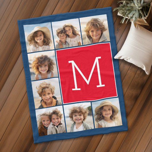 8 Photo Collage Monogram - Blauw en rood Fleece Deken